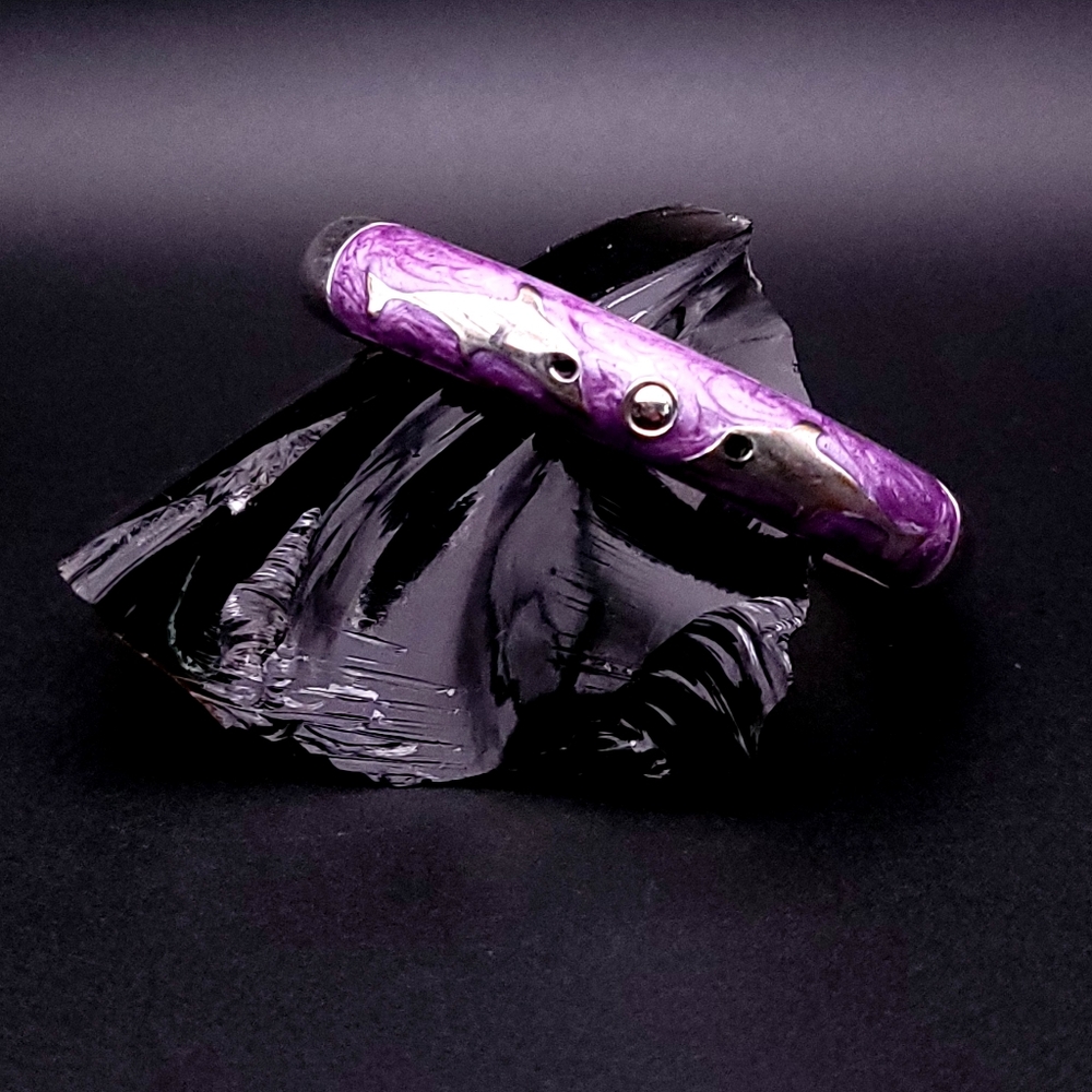 Vintage Purple Guilloché Enamel Silver Tone Dolphin Clamper Bangle Bracelet